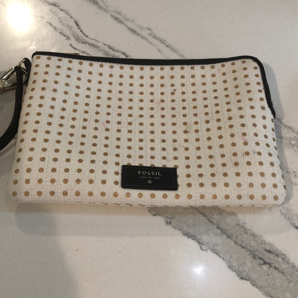Fossil White With Gold Polka-Dots Wristlet